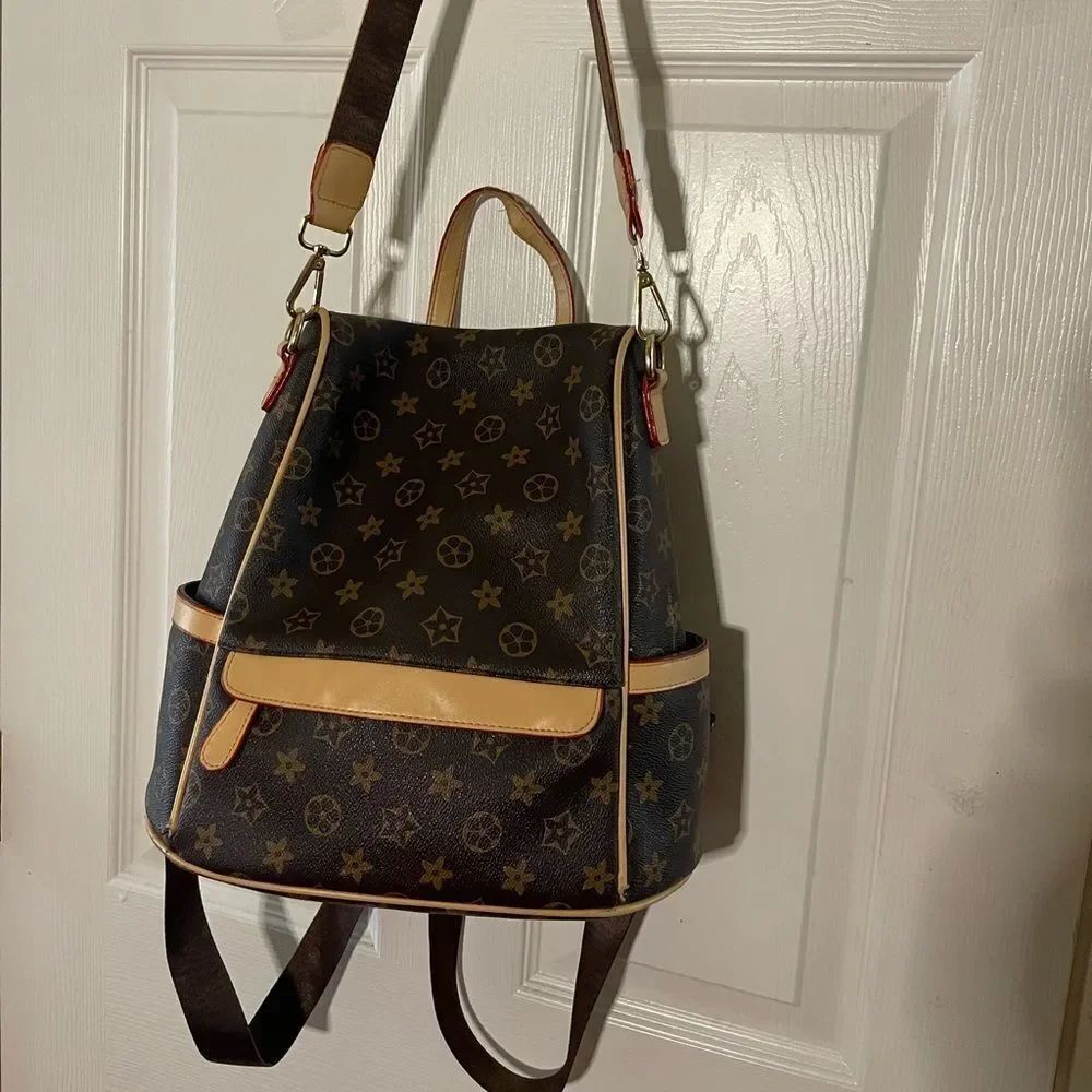 Stylish  Synthetic Brown & Gold Backpack / Shoulder bag tan trim Accents